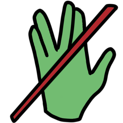 A green right hand in the vulcan salute, a red diagonal line through it from top right to bottom left. 